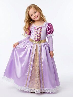 Girls Rapunzel Princess Costume Dress Lilac Purple Satin Sequin Gold Birthday Pa